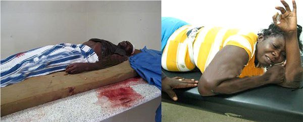 El cadáver del haitiano asesinado a machetazos en la morgue y a la derecha, la viuda llora desconsolada